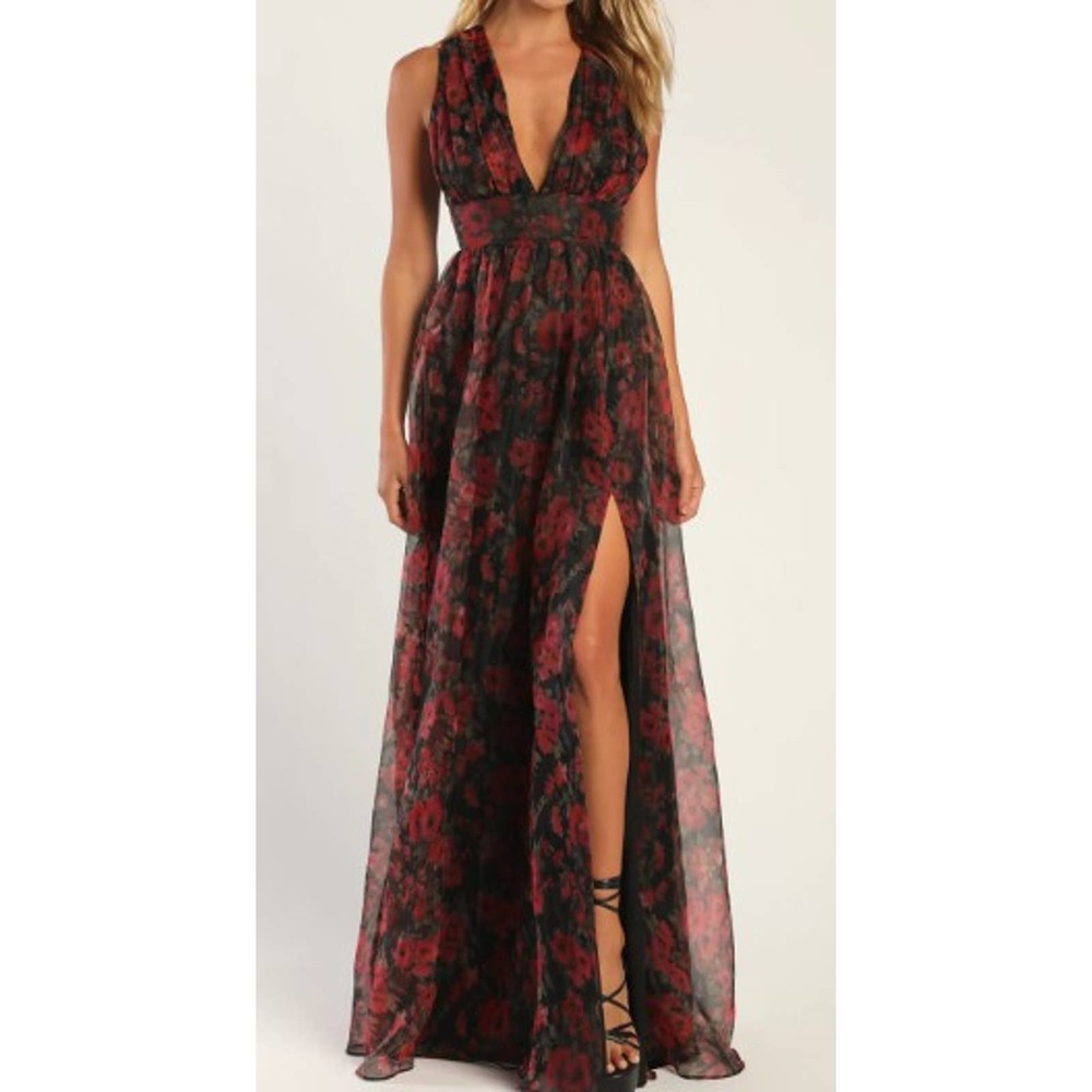 LULU'S M Garden of Passion Black Floral Print Organza Maxi Dress NEW B34